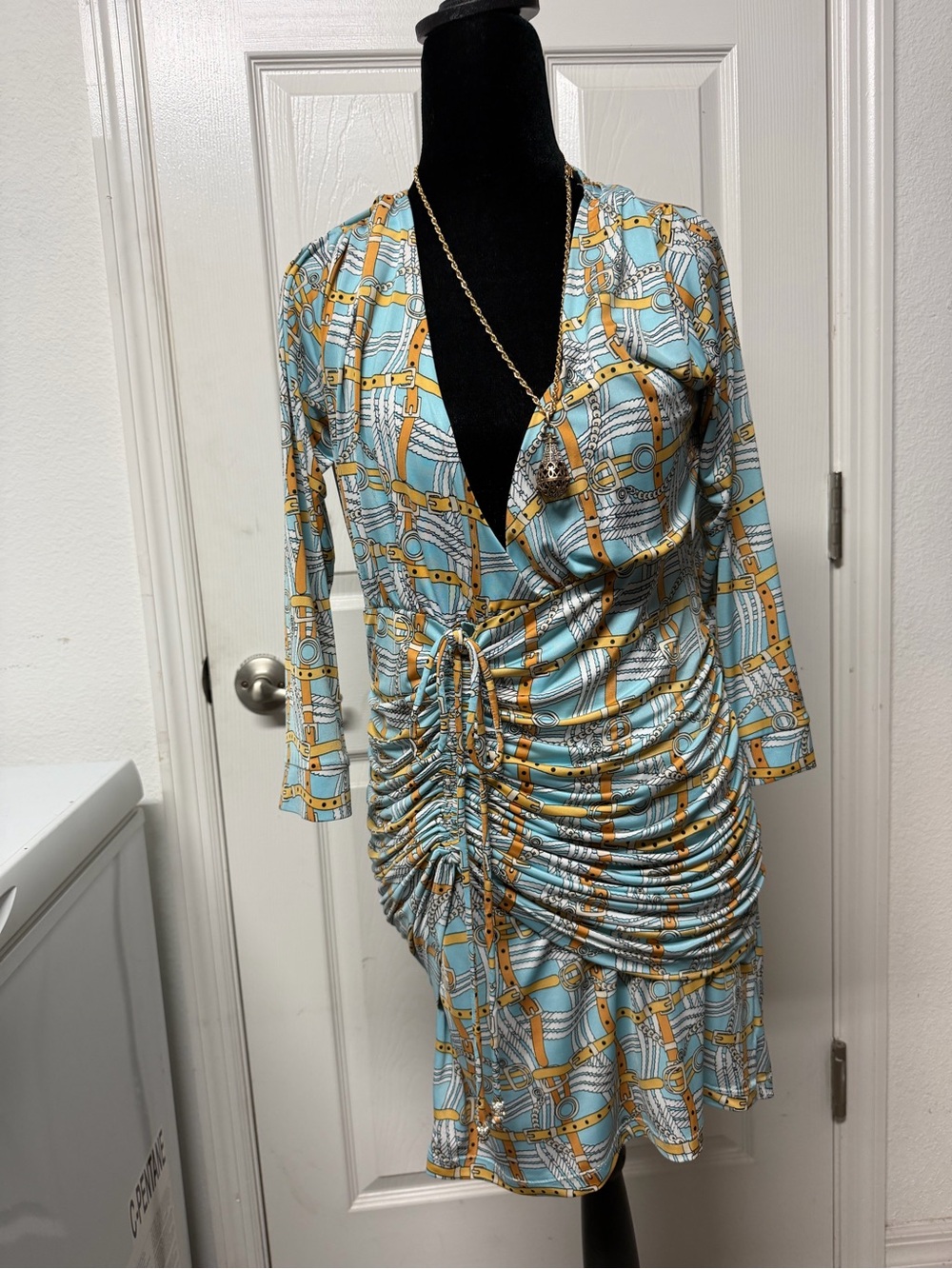 Analili Ruched Chain Print Bodycon Dress Blue Gold Designer Inspired